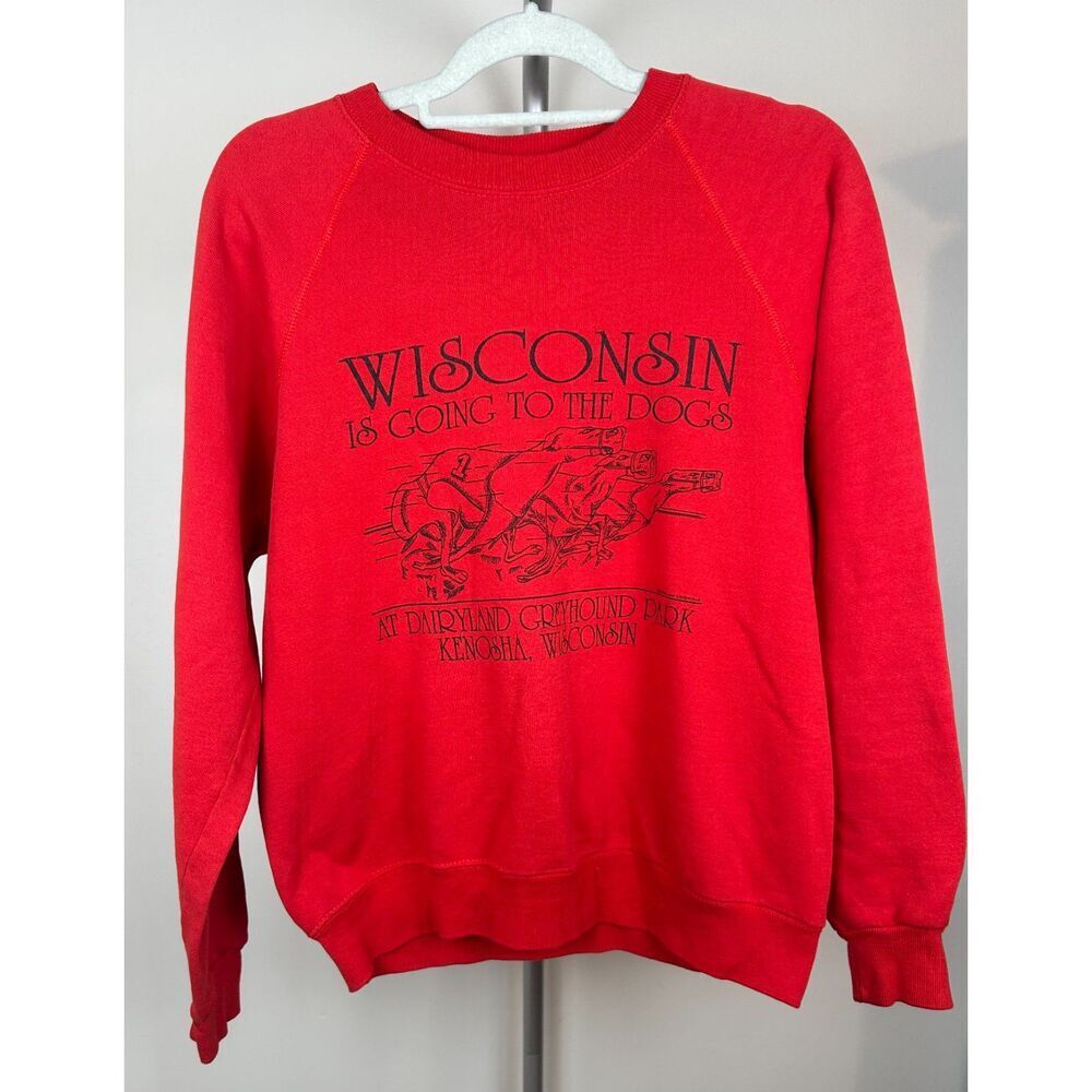 Vintage Wisconsin Dog Racing Sweatshirt Mens Large Red Graphic Pullover 80s USA